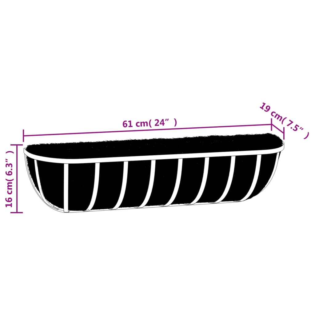 Plantekasser 2 stk med kokosfiberinnlegg svart 61x19x16 cm stål